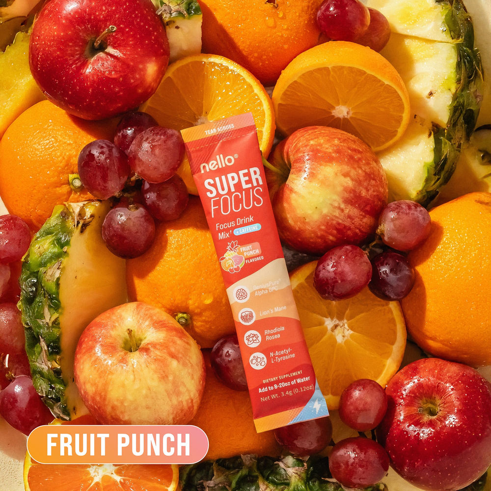 Nello Superfocus Fruit Punch front of package highlights sugar-free energy.