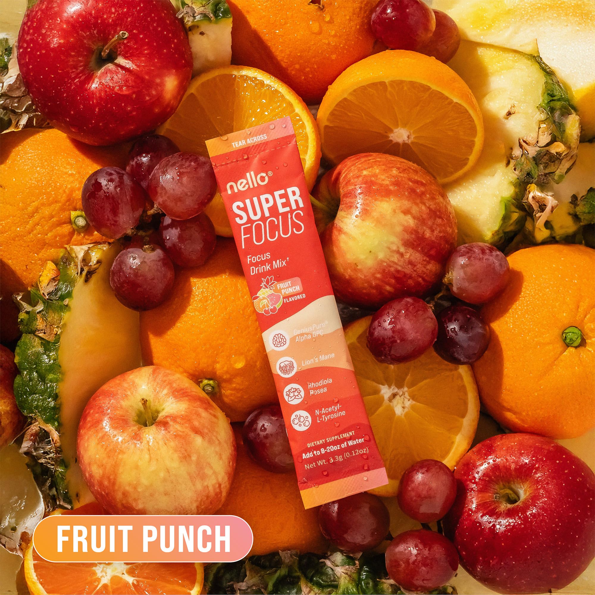 Glass of Nello Superfocus fruit punch showing refreshing flavor and focus appeal.