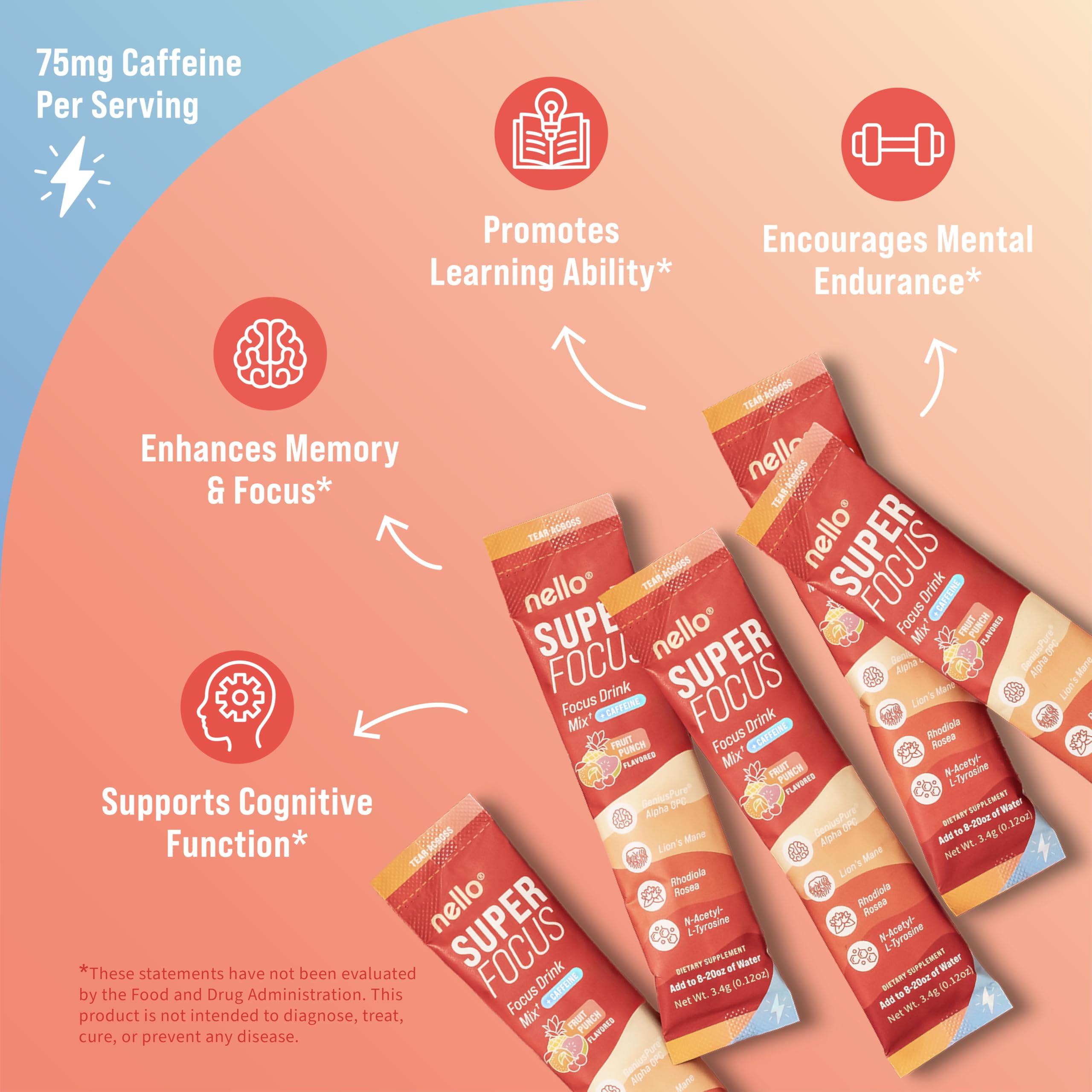 Nello Superfocus Fruit Punch packet open shows convenient on-the-go serving.