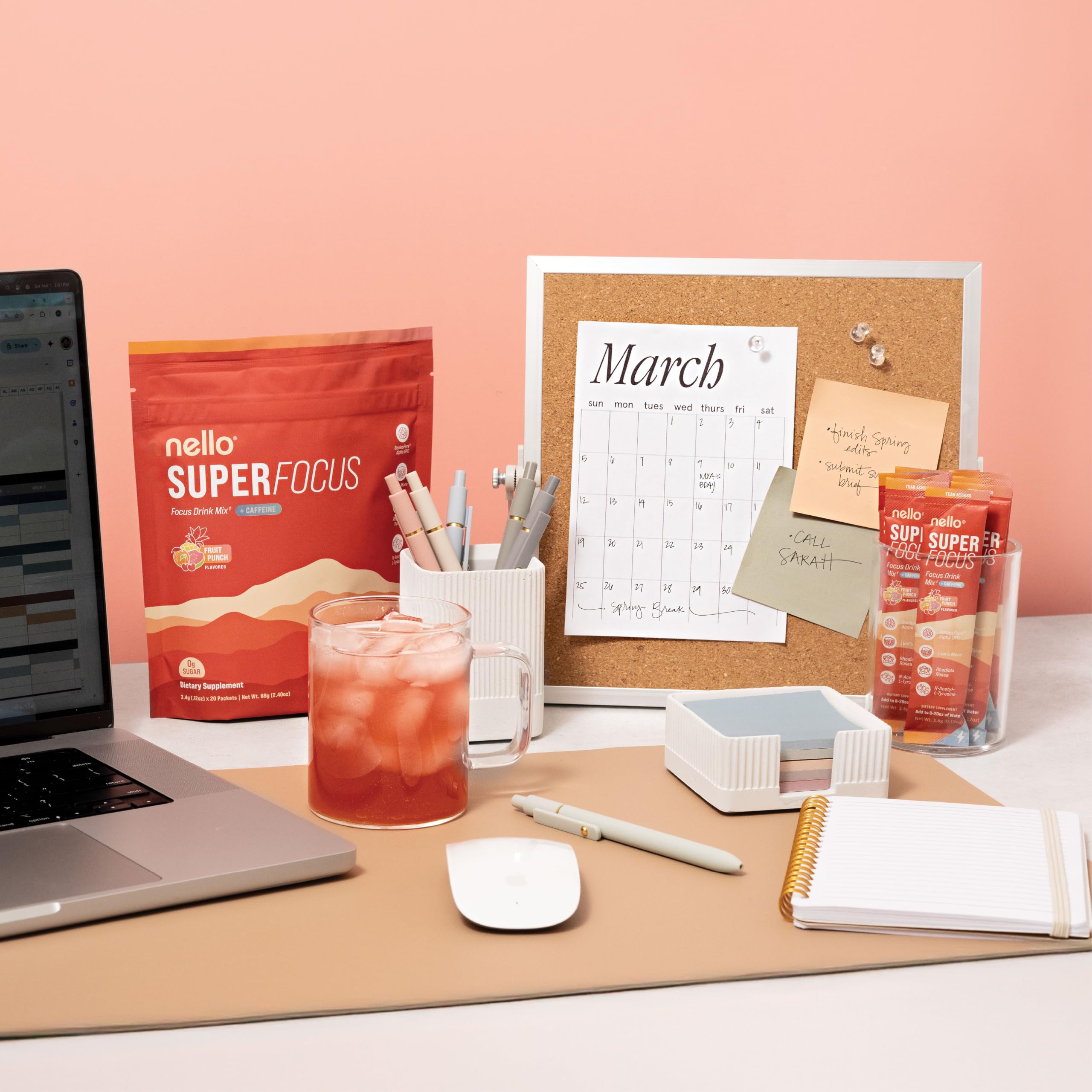 Nello Superfocus Fruit Punch packets arranged for quick productivity.