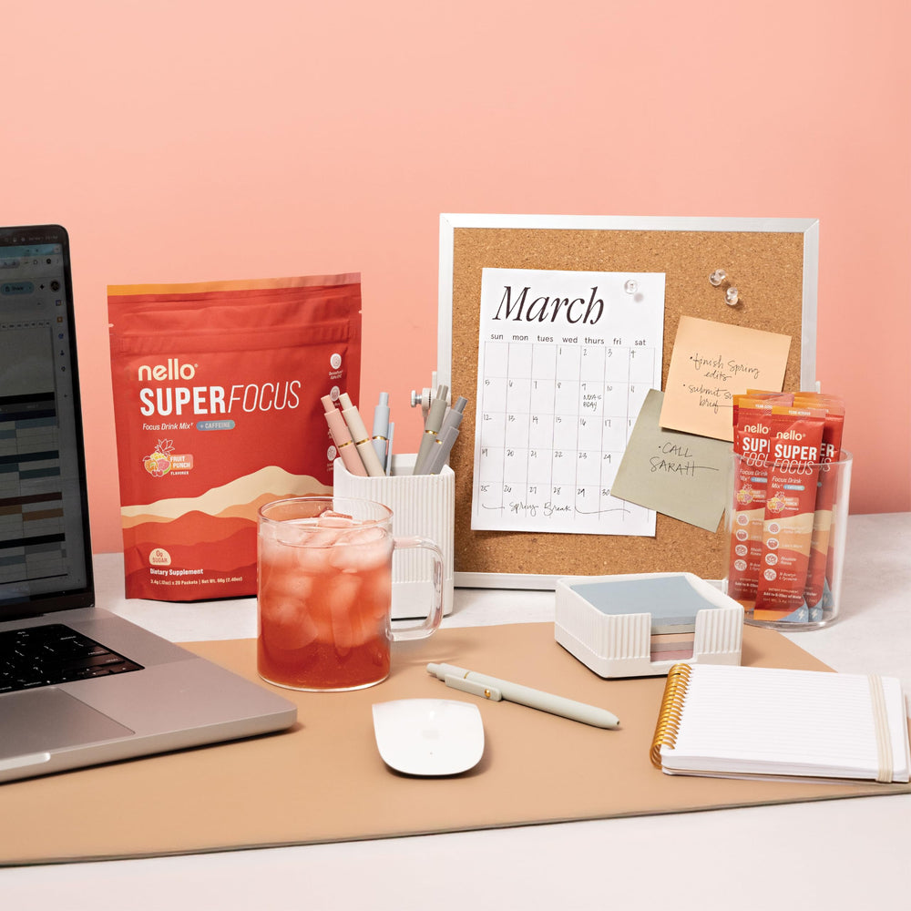 Nello Superfocus Fruit Punch packets arranged for quick productivity.