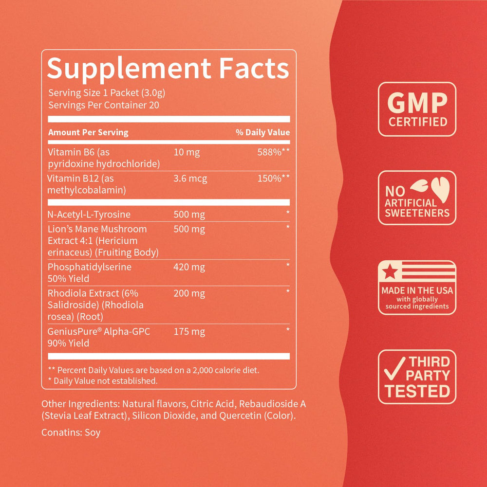 Nello Superfocus Mojito ingredients label highlighting Alpha GPC and Lion’s Mane