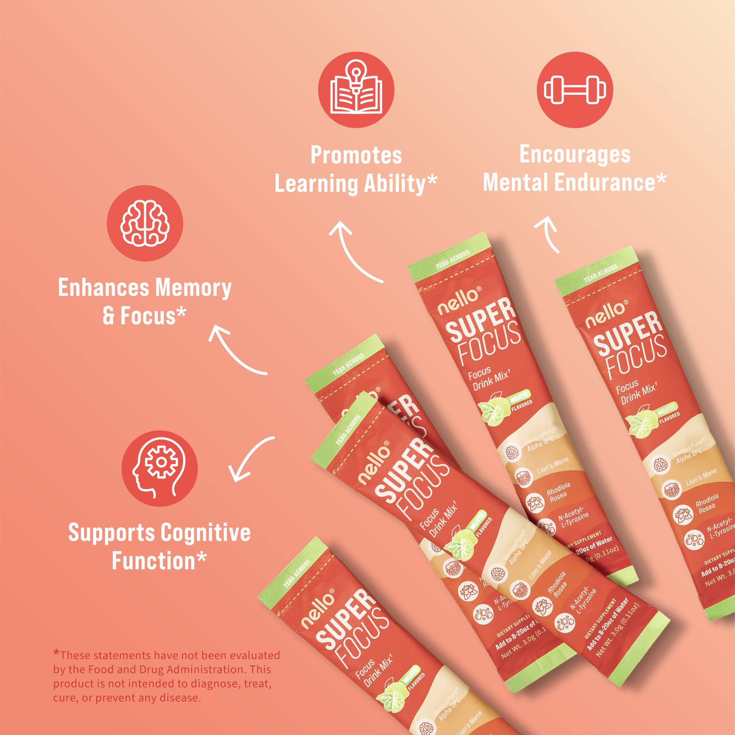 On-the-go packets of Nello SuperFocus Mojito drink mix