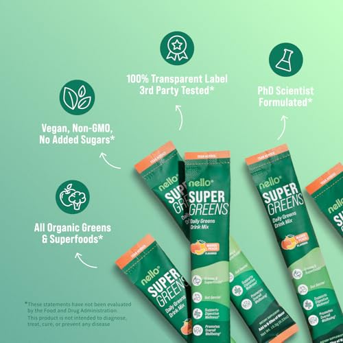 Dissolving Nello Supergreens in water reveals mango-peach flavor