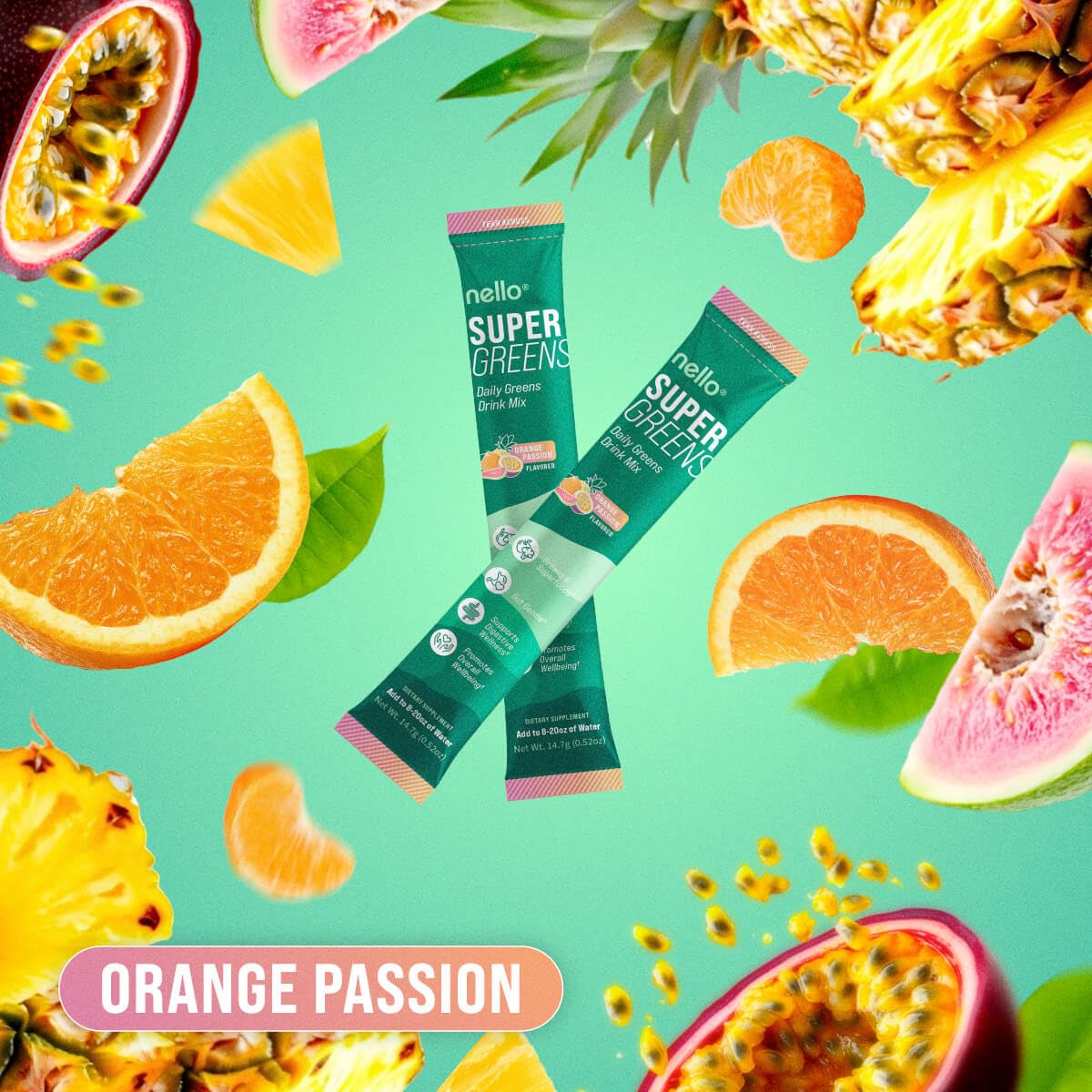 Nello Supergreens Orange Travel Pack – back label with nutrition information