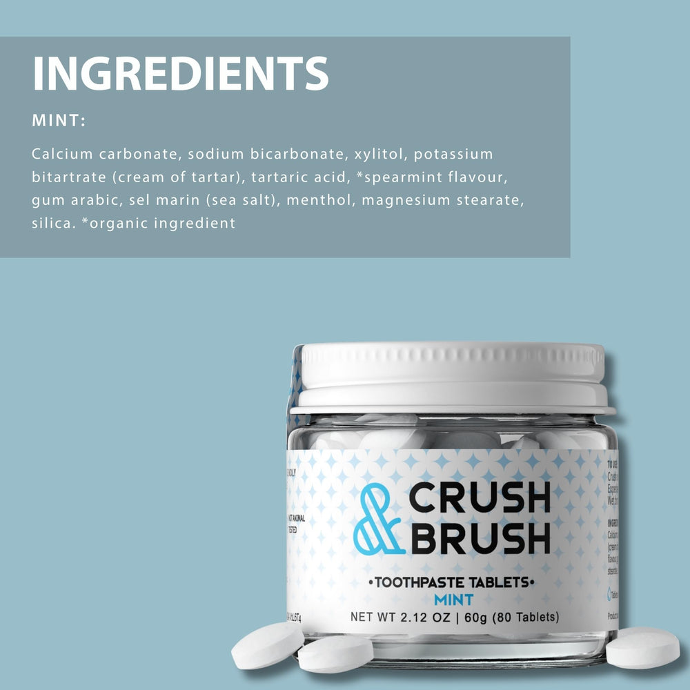 Mint toothpaste tablets beside an open glass jar