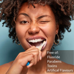 Product image highlighting no fluoride, SLS, or glycerin in ingredients