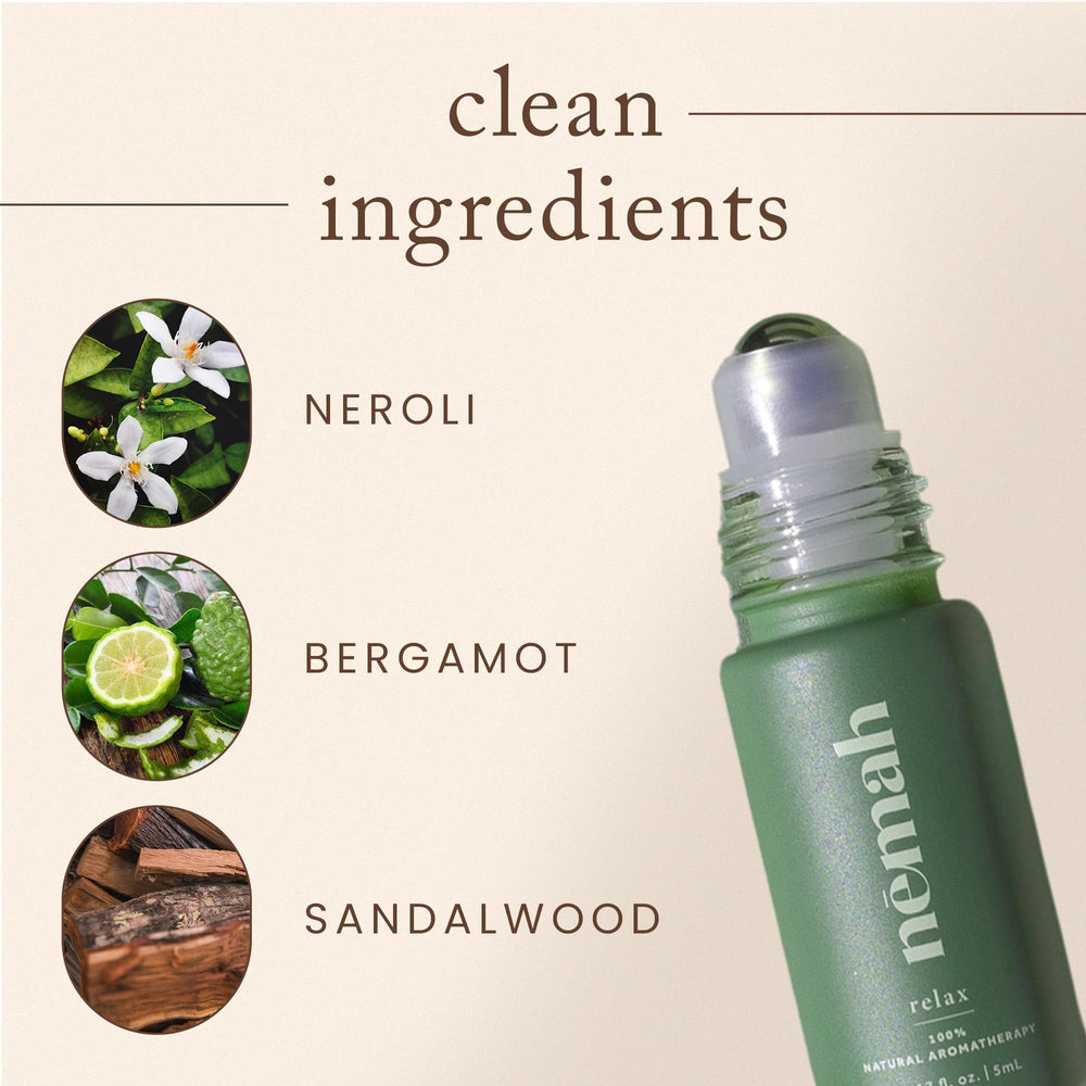 Close-up of ingredients: linalool, sunflower seed oil, jojoba oil, and macadamia