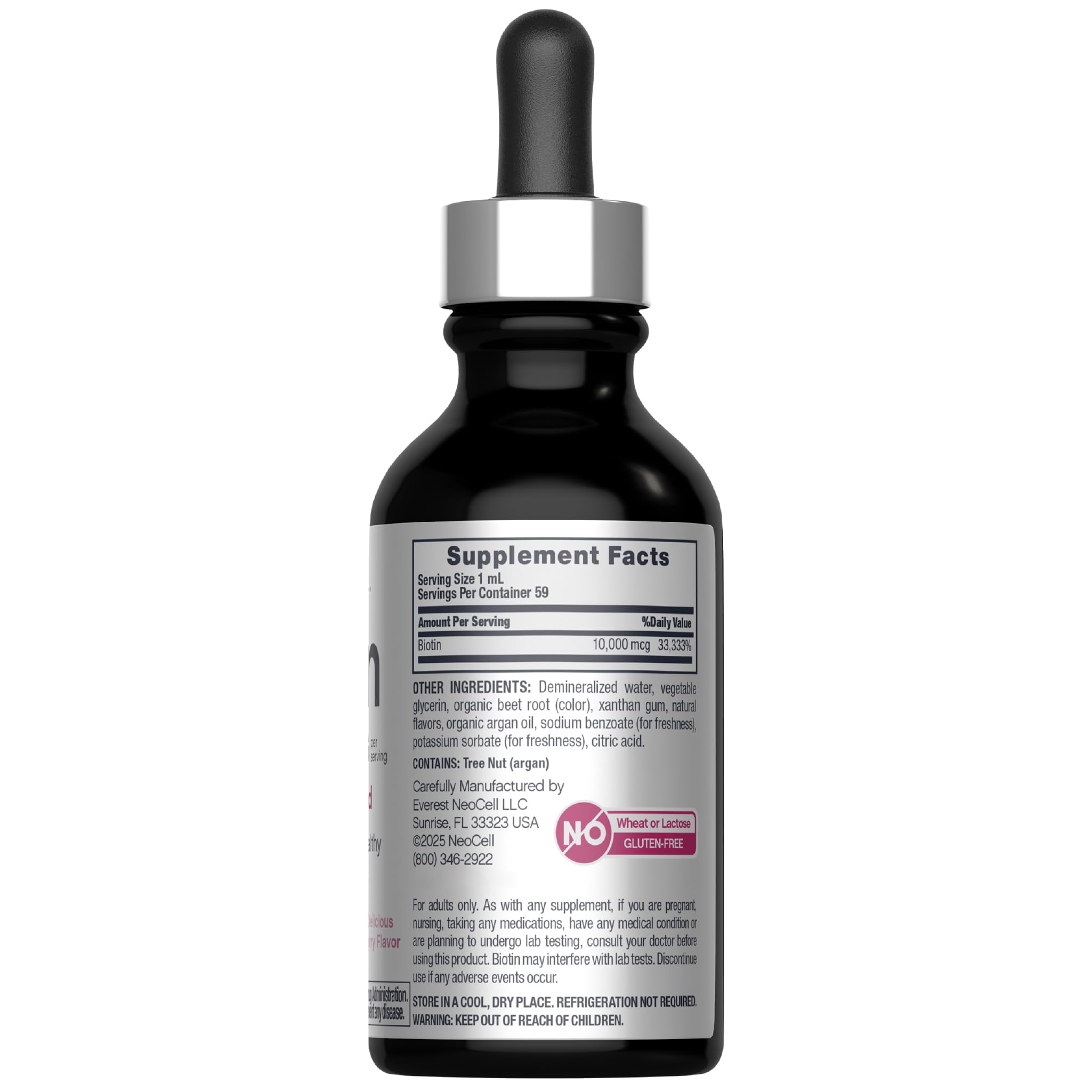 Close-up of NeoCell Biotin Liquid Drops bottle with berry flavor
