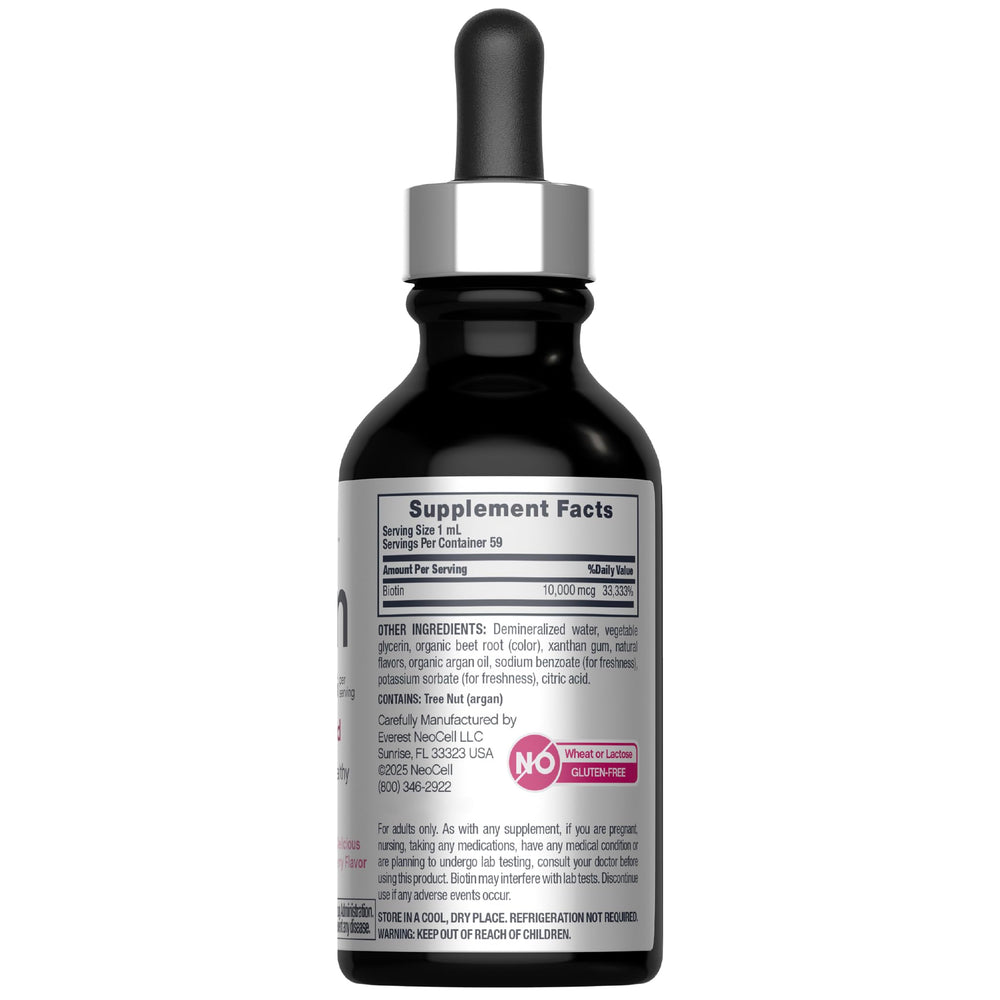 Close-up of NeoCell Biotin Liquid Drops bottle with berry flavor