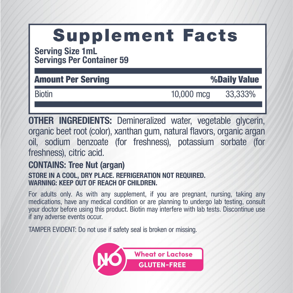 Gluten-free label on NeoCell Biotin Liquid Drops bottle