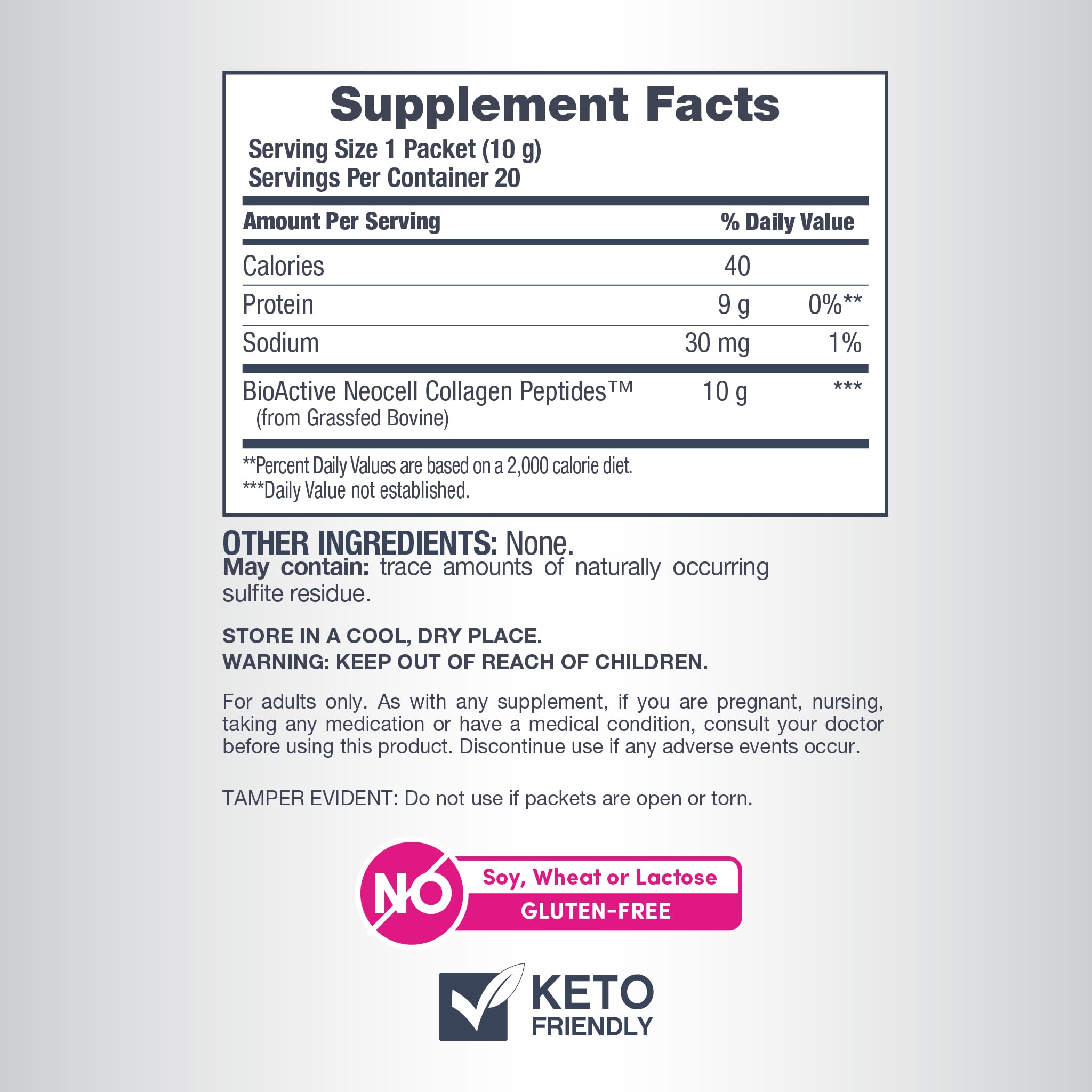 Icons indicating Keto Certified and Gluten Free on the label