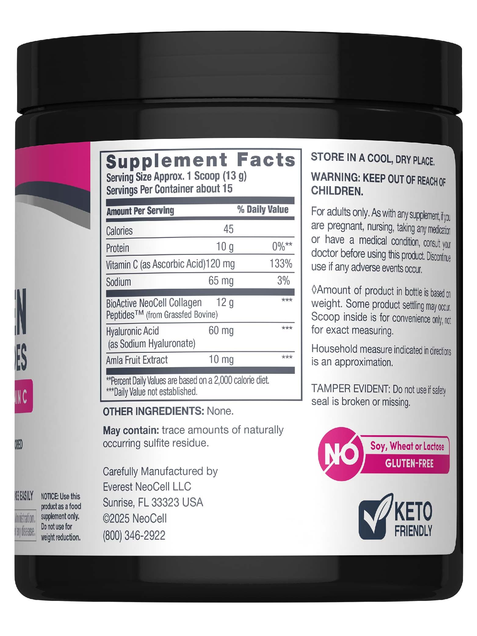 Label featuring collagen, vitamin C and hyaluronic acid