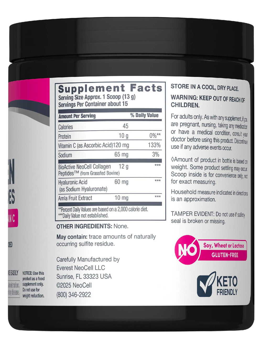 Label featuring collagen, vitamin C and hyaluronic acid