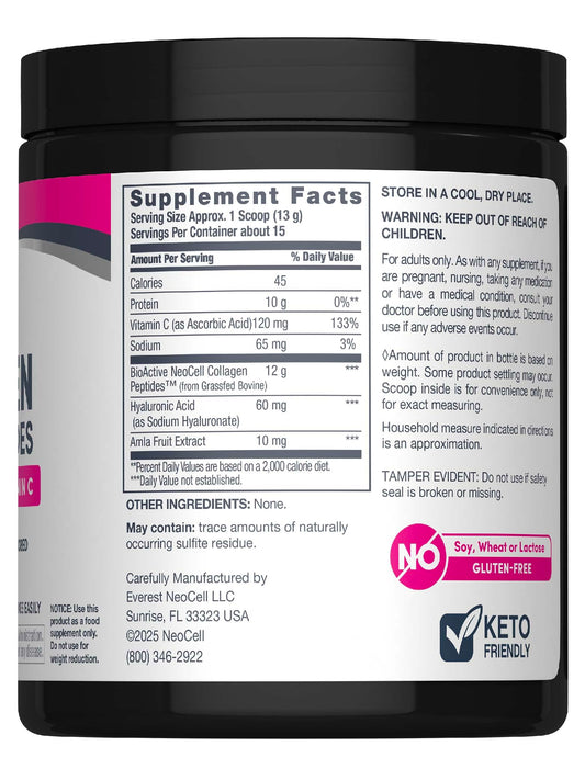 Label featuring collagen, vitamin C and hyaluronic acid