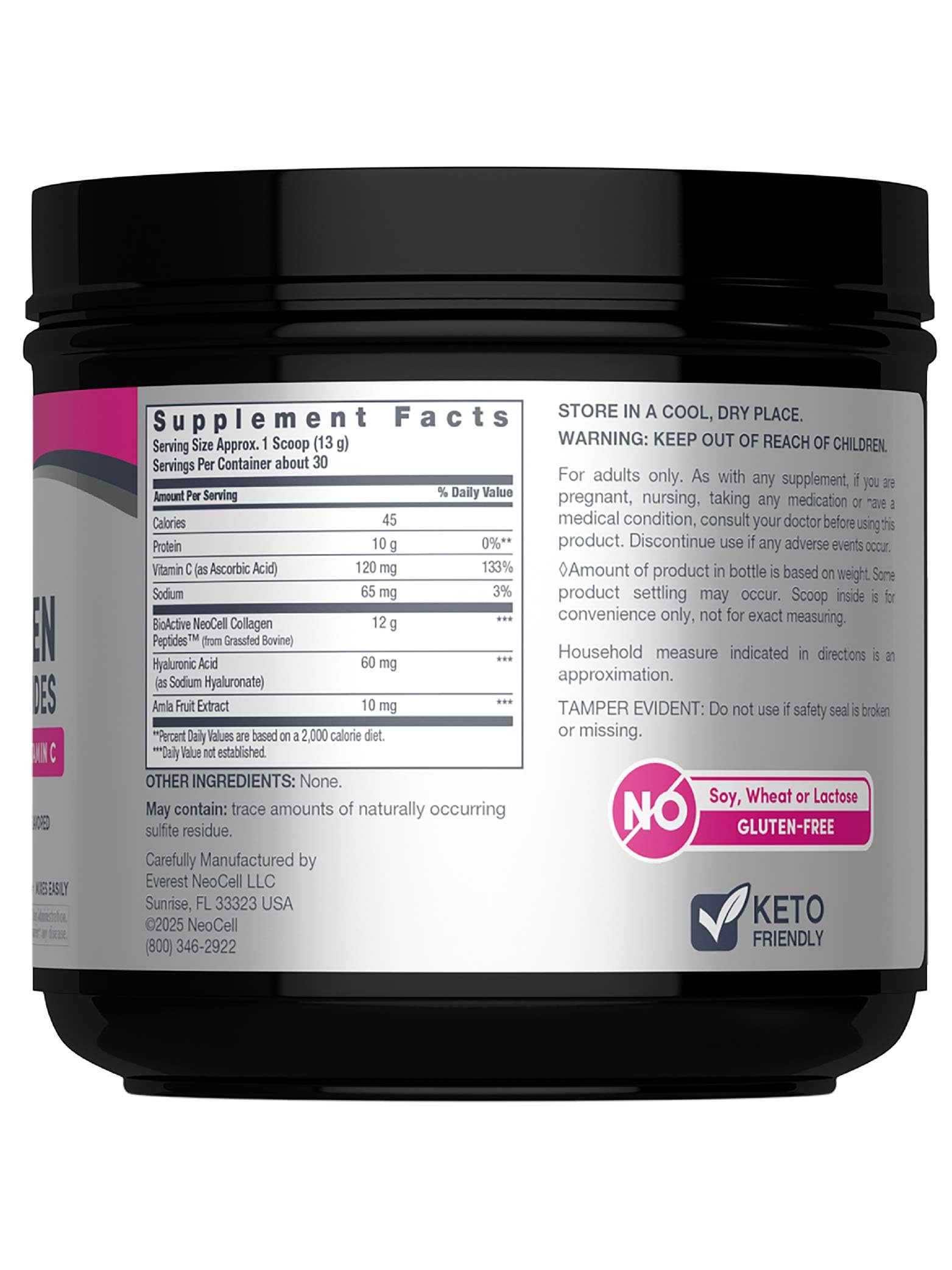 Back view of NeoCell Super Collagen Peptides bottle with nutrition facts