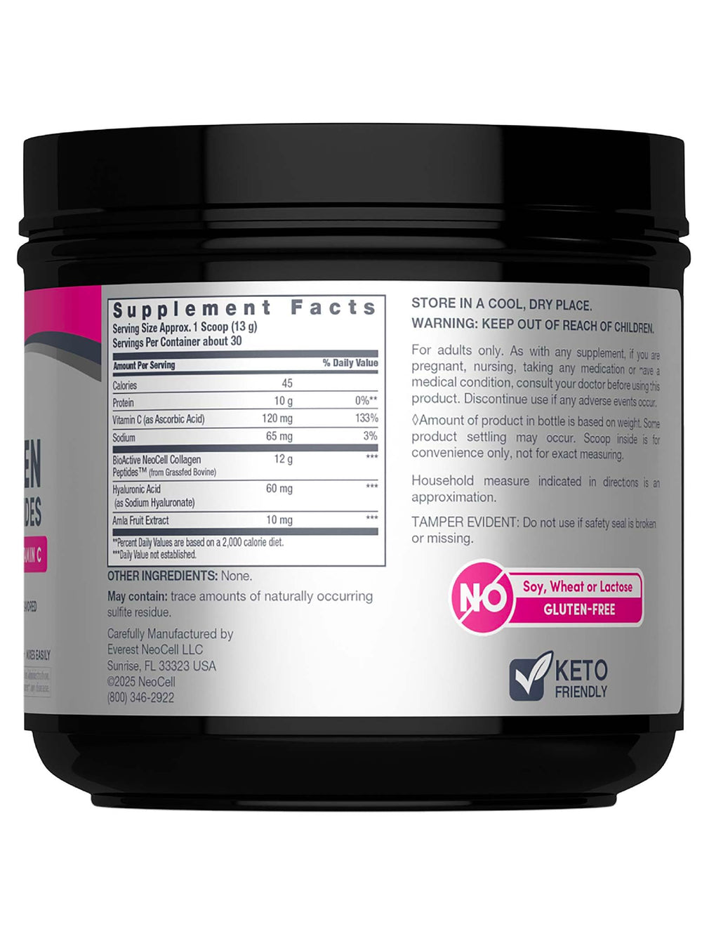 Back view of NeoCell Super Collagen Peptides bottle with nutrition facts