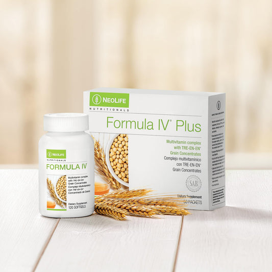 Close-up of NeoLife Formula IV Plus Softgel capsules with TRE-EN-EN Grain Blend imagery