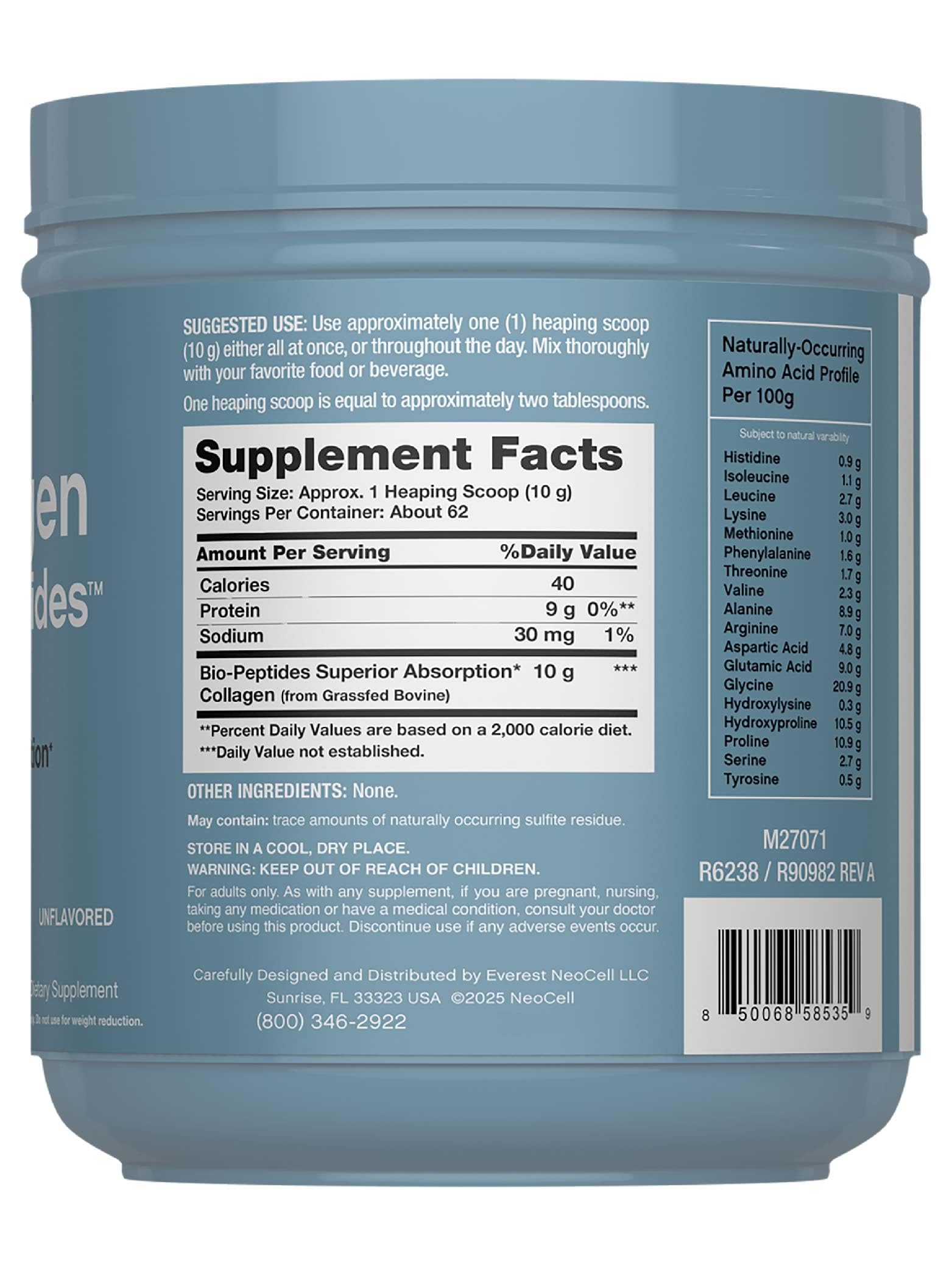 Nutrition label back of NeoCell Collagen Bio-Peptides Powder 22oz