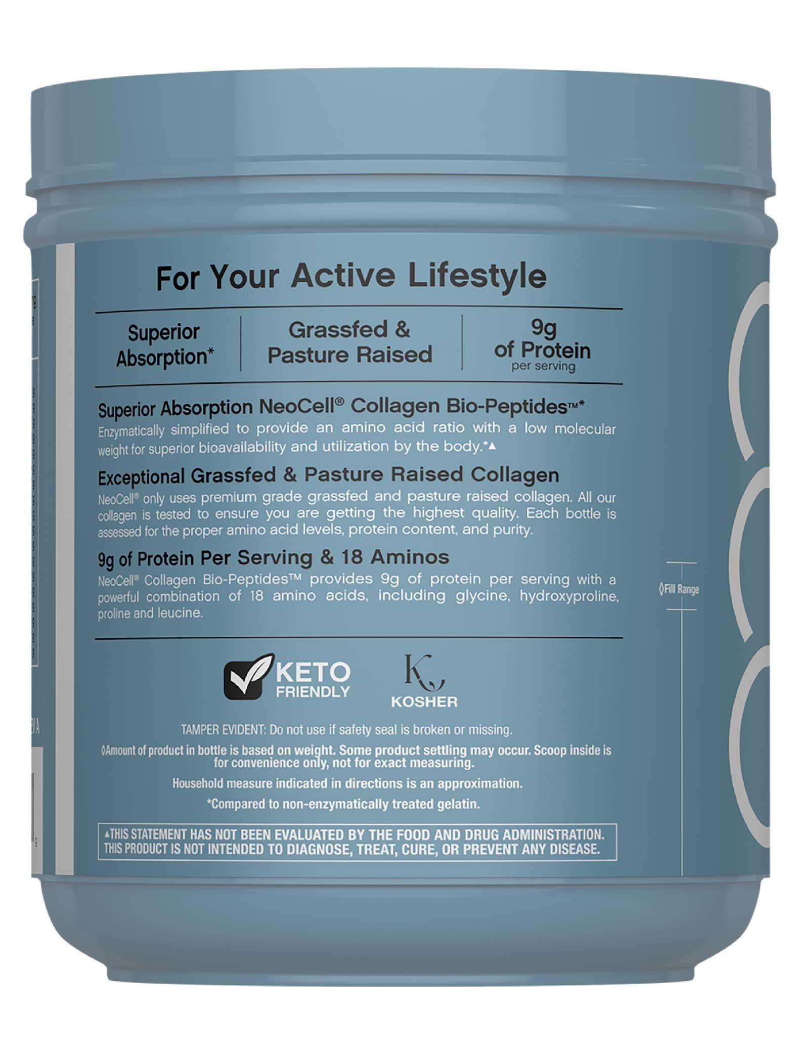 Product label close-up for NeoCell Collagen Bio-Peptides Powder 22oz