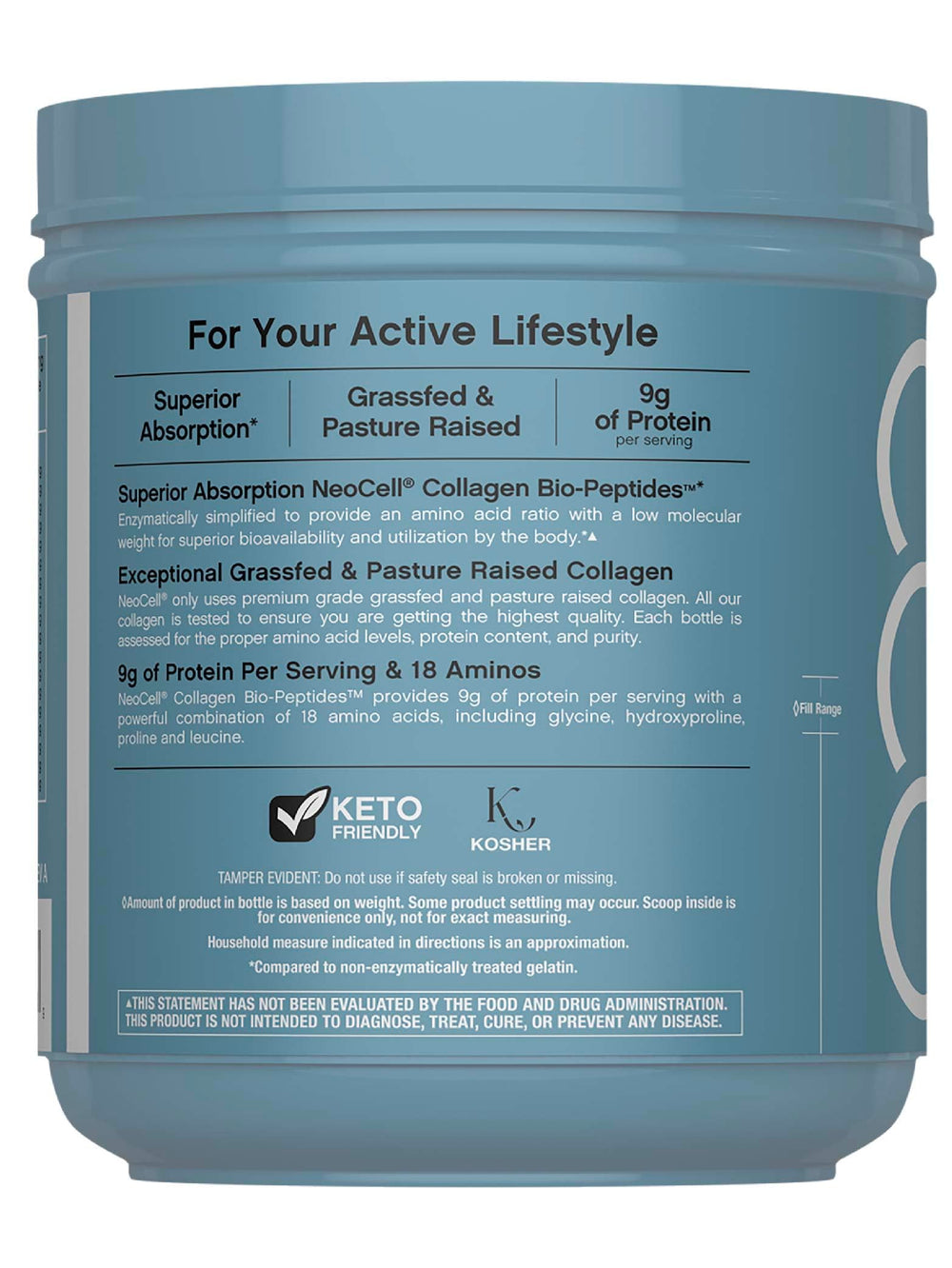 Product label close-up for NeoCell Collagen Bio-Peptides Powder 22oz