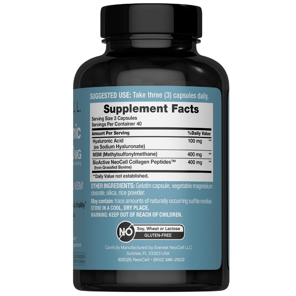 Close-up of NeoCell Hyaluronic Acid Complex 900mg label