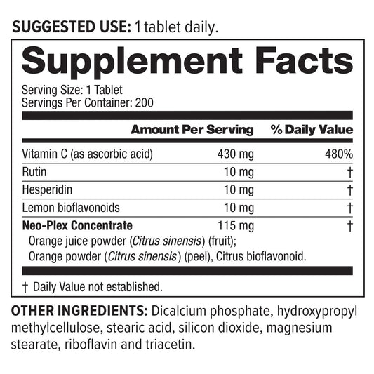 Close-up of NeoLife Super C ingredients including rutin, hesperidin and bioflavonoids