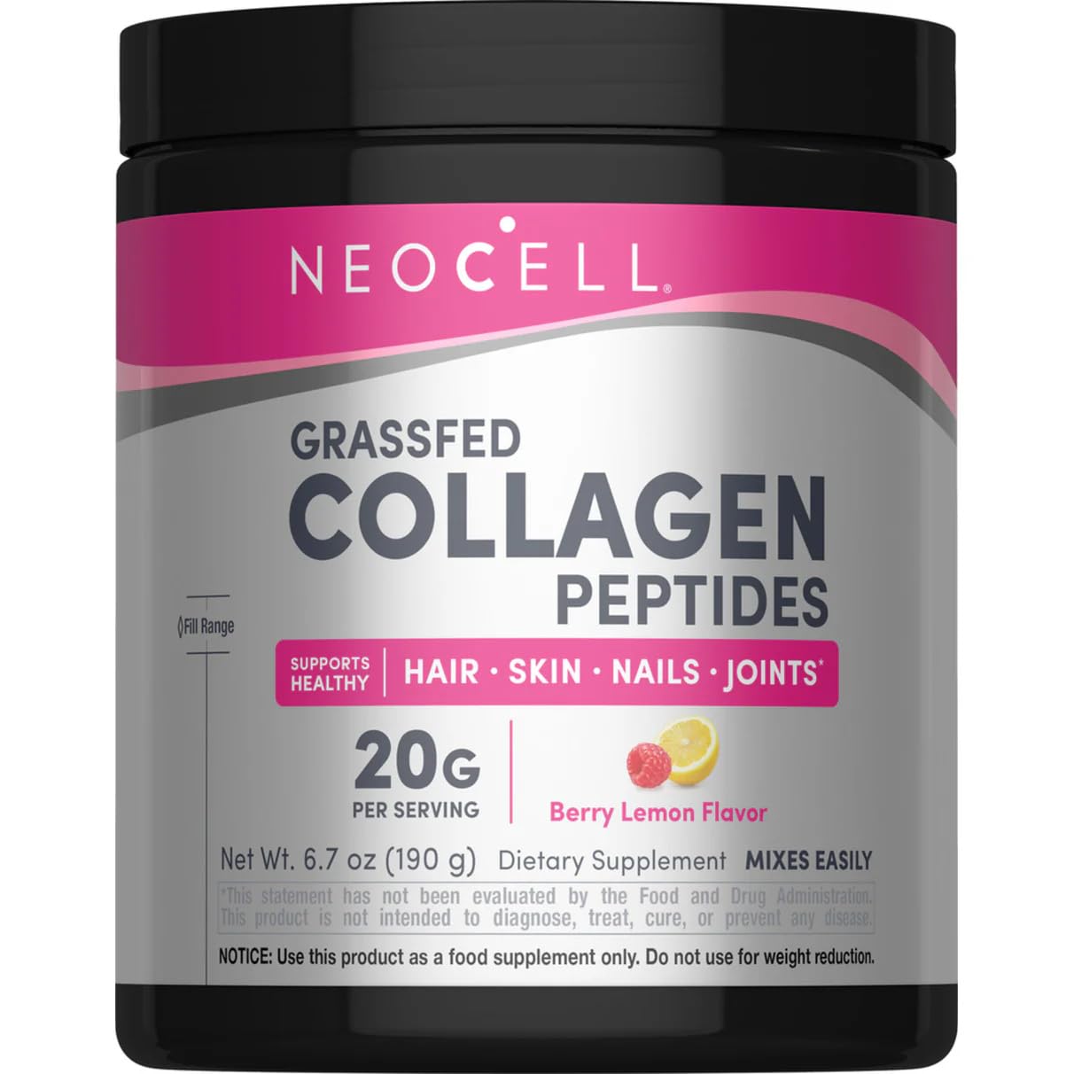 Front view of NeoCell Super Collagen Peptides Berry Lemon canister 6.7 oz
