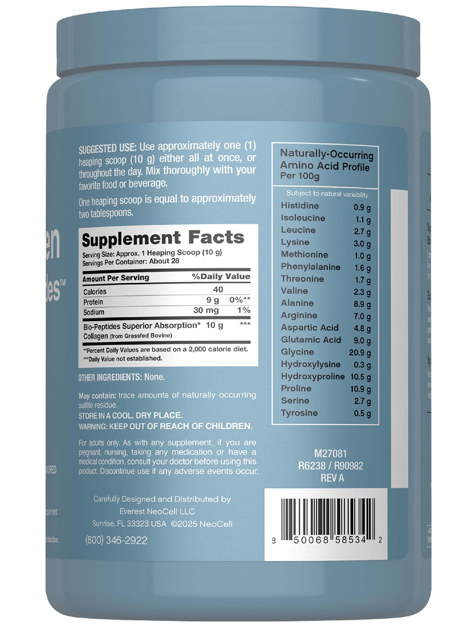 Grass-fed source for NeoCell Collagen Bio-Peptides Powder