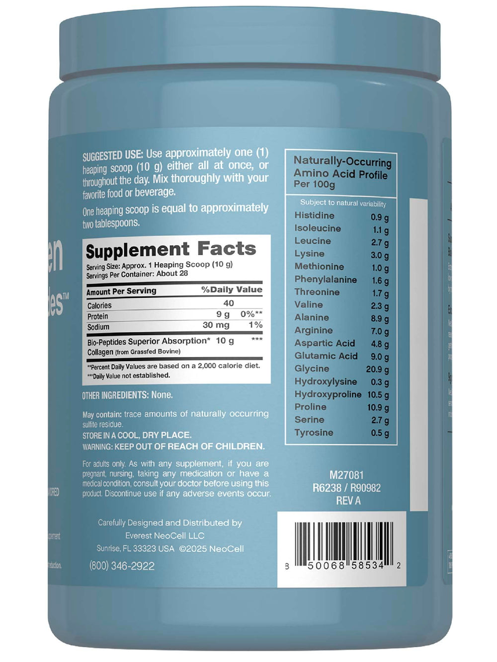 Grass-fed source for NeoCell Collagen Bio-Peptides Powder