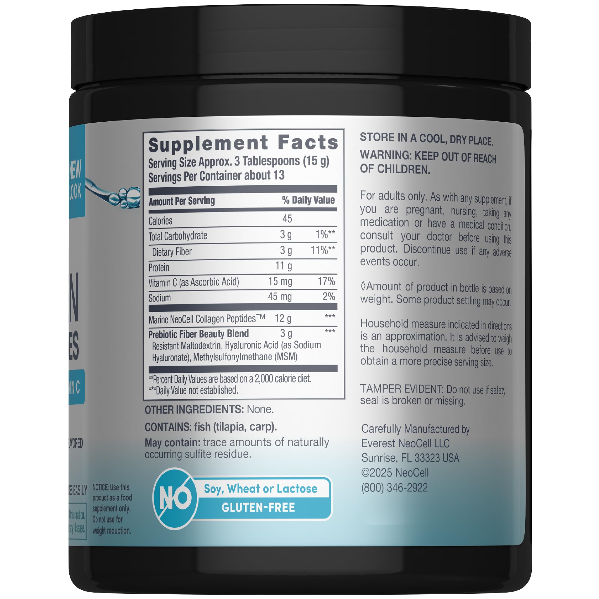 Close-up of label showing 8 g of Type 1 marine collagen per serving