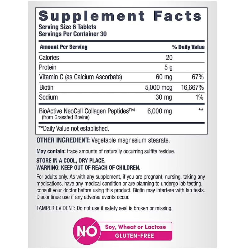 Nutrition facts panel for NeoCell Super Collagen + C 360 ct