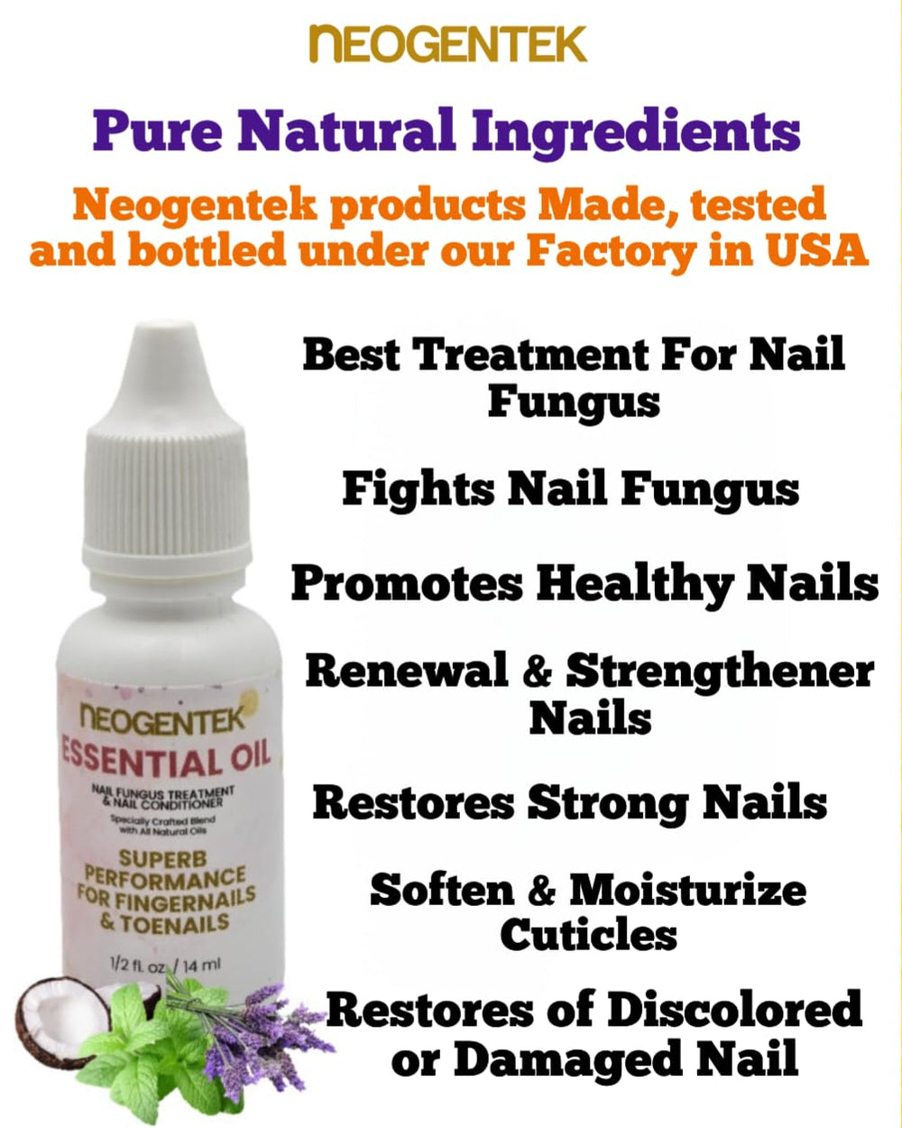 Neogentek Essential Oil Fight Nail Fungus label closeup highlights pharmacist-developed formulation for targeted nail care.