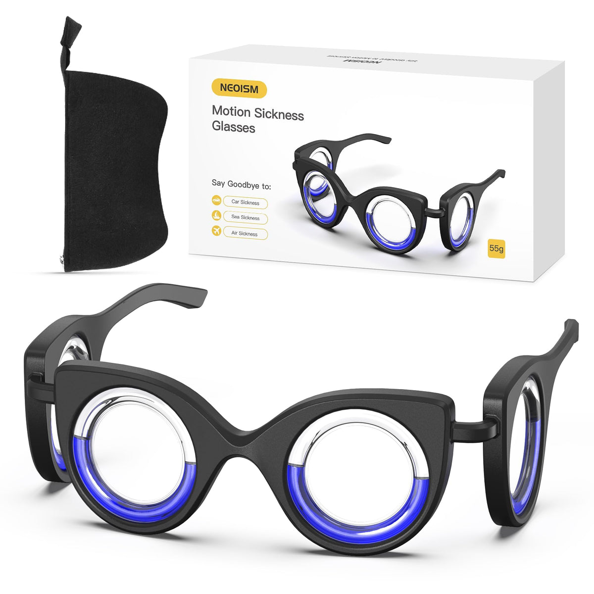NEOISM motion sickness glasses front view reduce dizziness during car trips