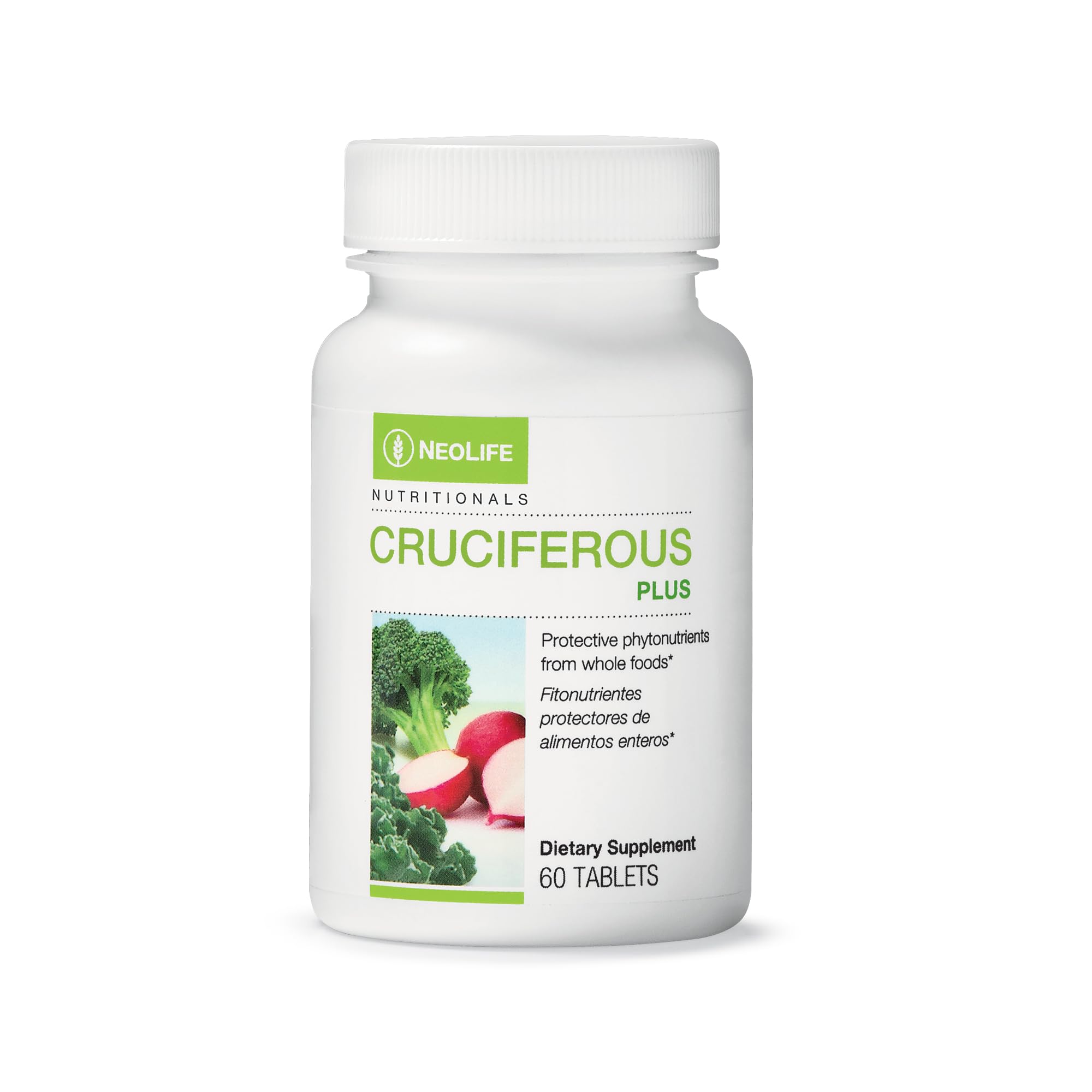 NeoLife Cruciferous Plus bottle with green tablets