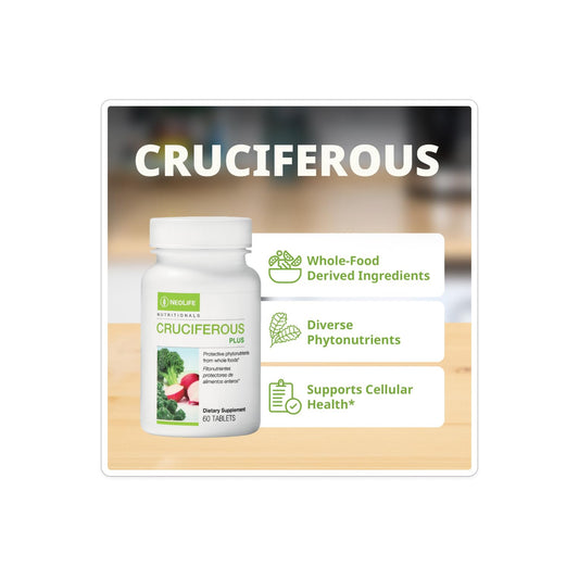 Close-up of broccoli, radish, kale, watercress and orange extract used in NeoLife Cruciferous Plus