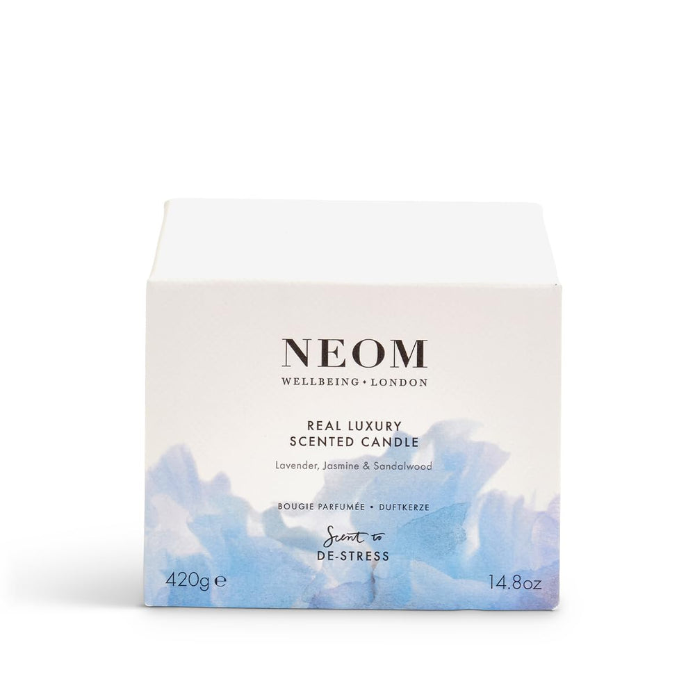 NEOM 3 Wick Candle label detail signals luxury branding and clear usage guidance.