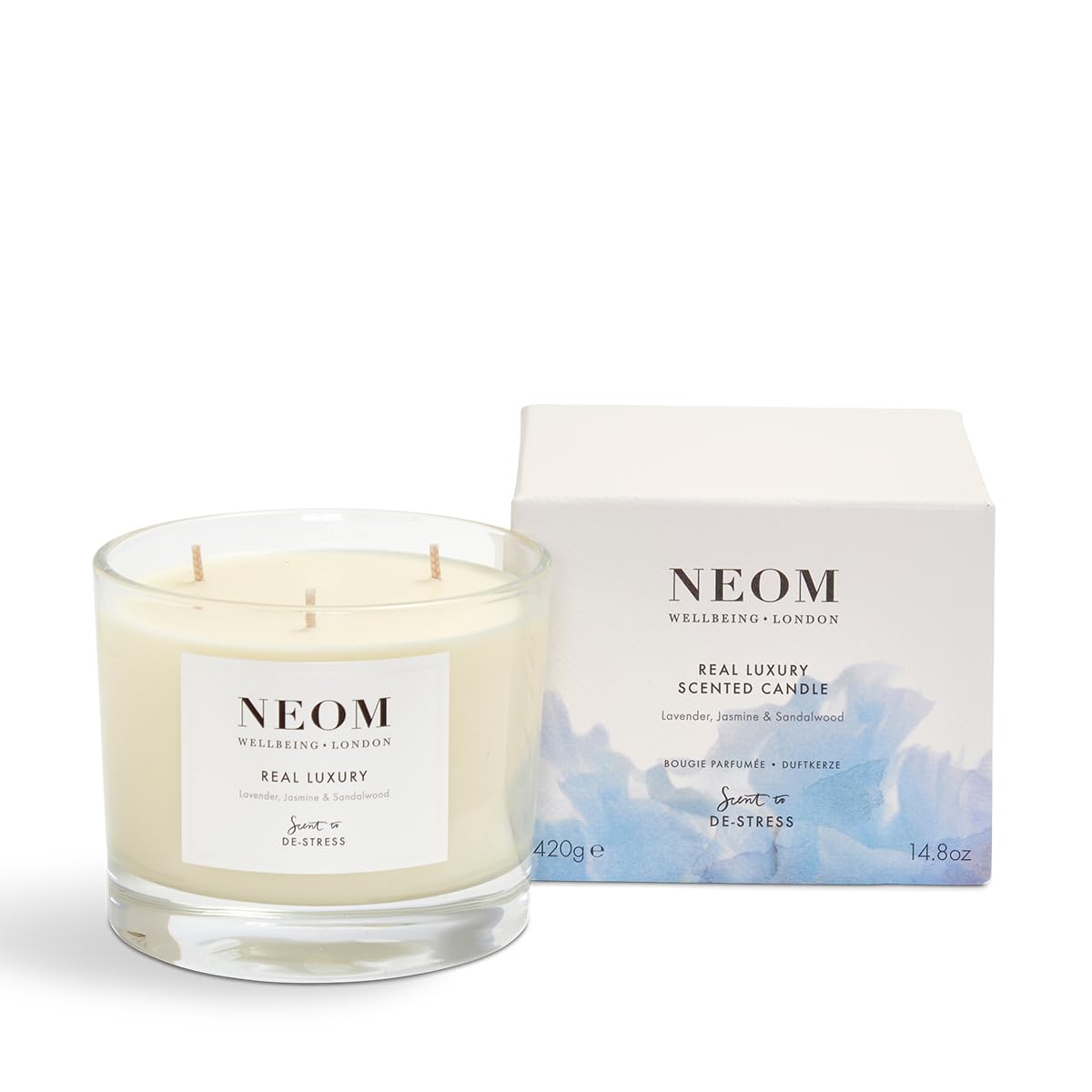 NEOM 3 Wick Candle lavender jar delivers a calming evening atmosphere for unwinding rituals.