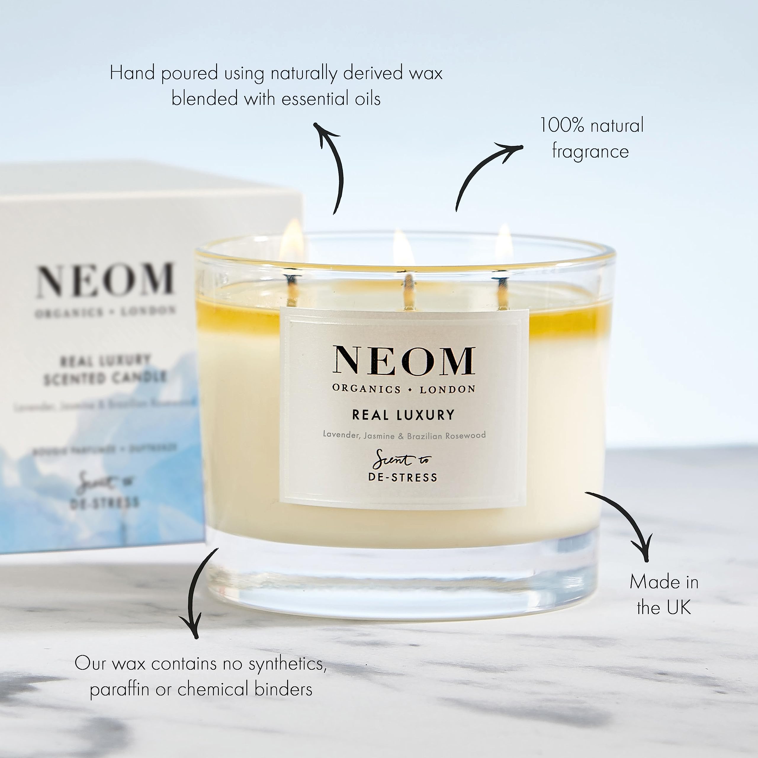 NEOM 3 Wick Candle natural wax closeup showcases clean burn and pure fragrance.
