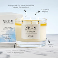 NEOM 3 Wick Candle natural wax closeup showcases clean burn and pure fragrance.