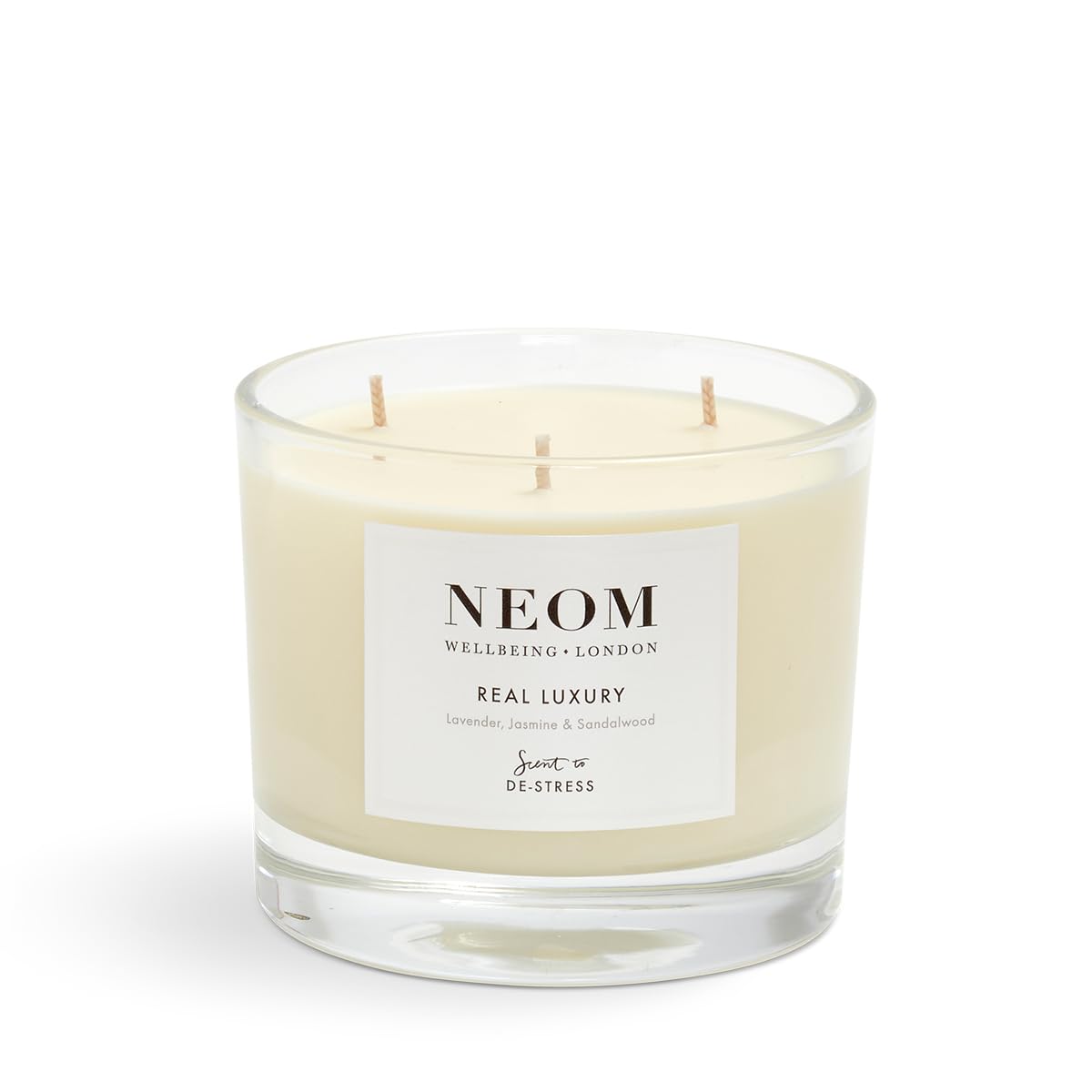 NEOM 3 Wick Candle wick trim shows care tip for optimal burn quality.