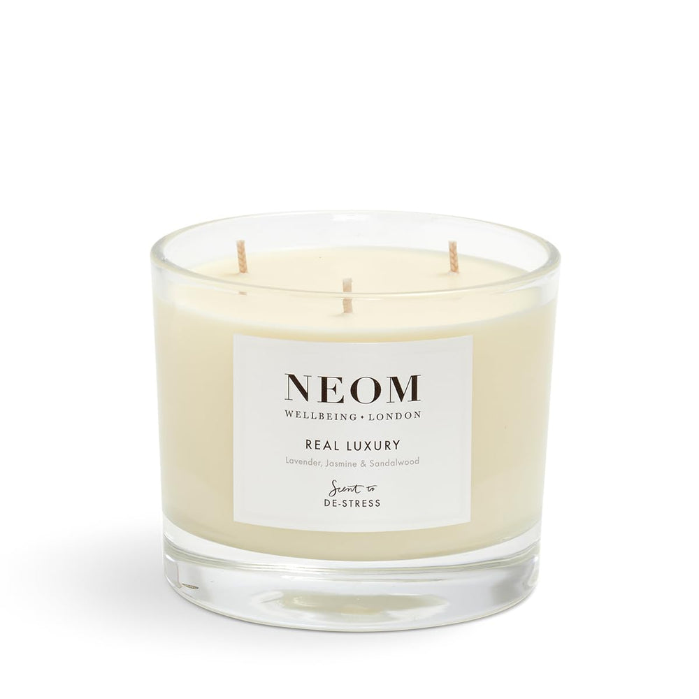 NEOM 3 Wick Candle wick trim shows care tip for optimal burn quality.