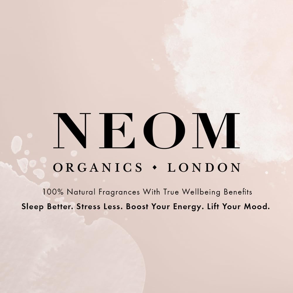 NEOM branding with essential oil bottle on neutral background