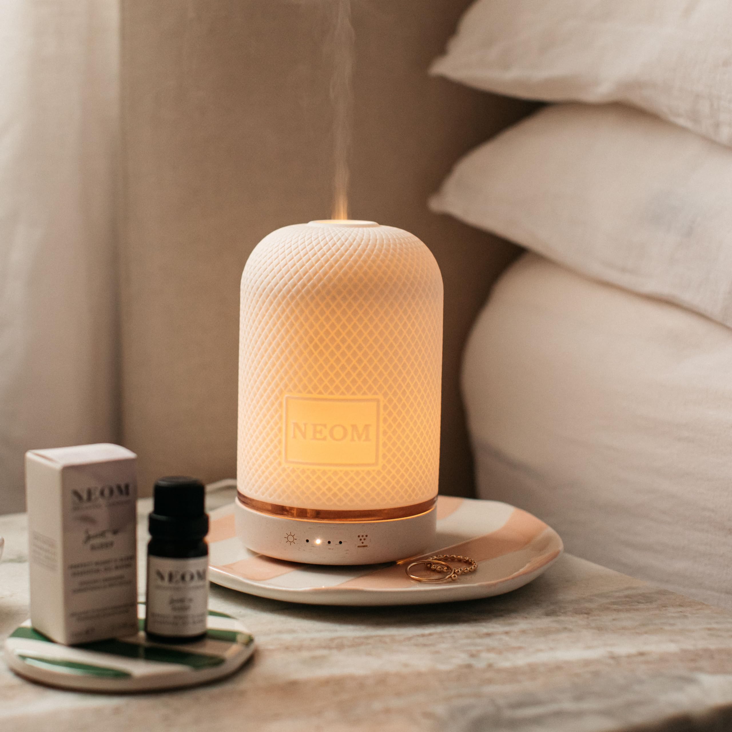 Flat lay of NEOM Essential Oil Blend 10ml Lavender Basil Jasmine