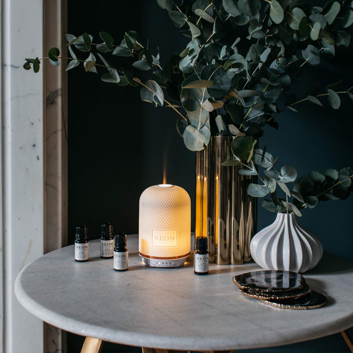 NEOM Essential Oil Blend packaging and bottle