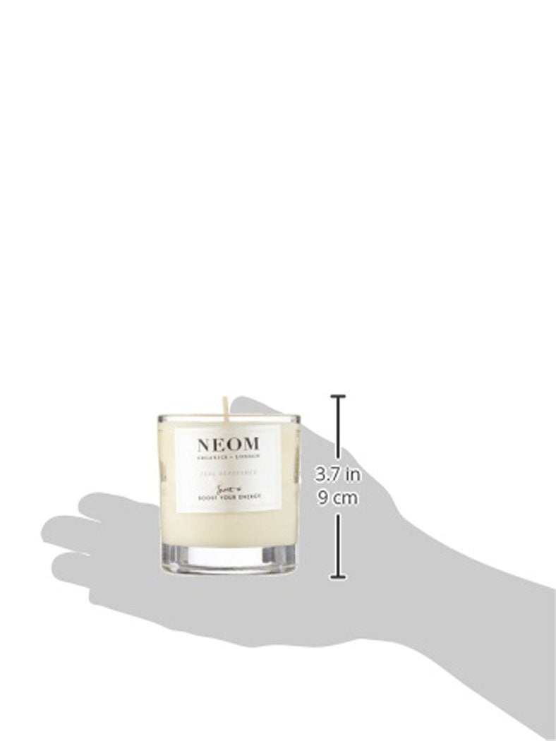 Neom Feel Refreshed label close-up highlights 24 essential oils for uplifting mornings