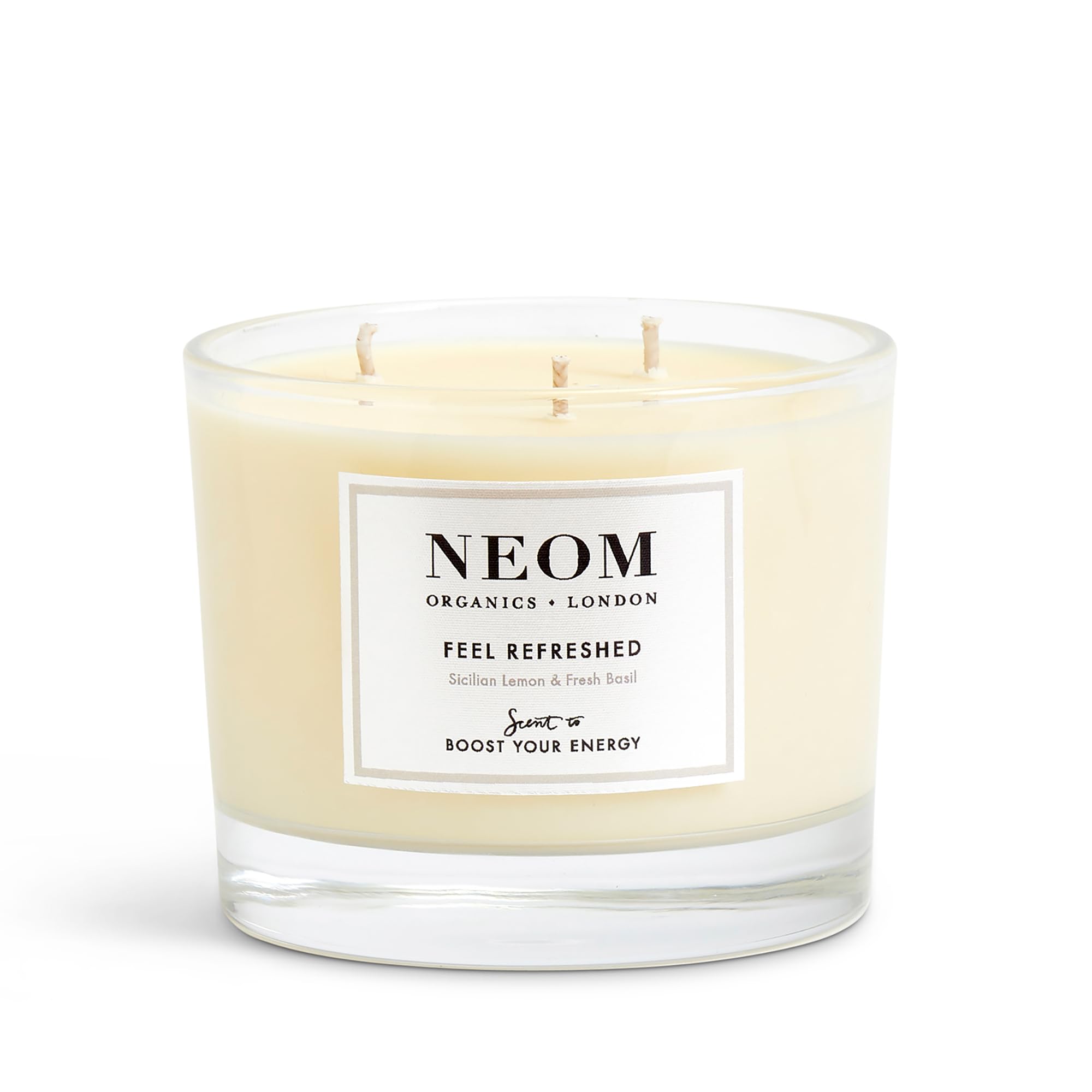 NEOM Feel Refreshed lid-off view signals premium hand-poured candle quality.