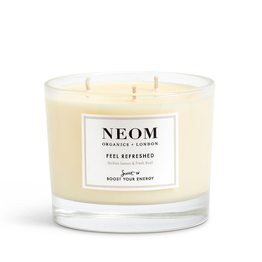NEOM Feel Refreshed lid-off view signals premium hand-poured candle quality.
