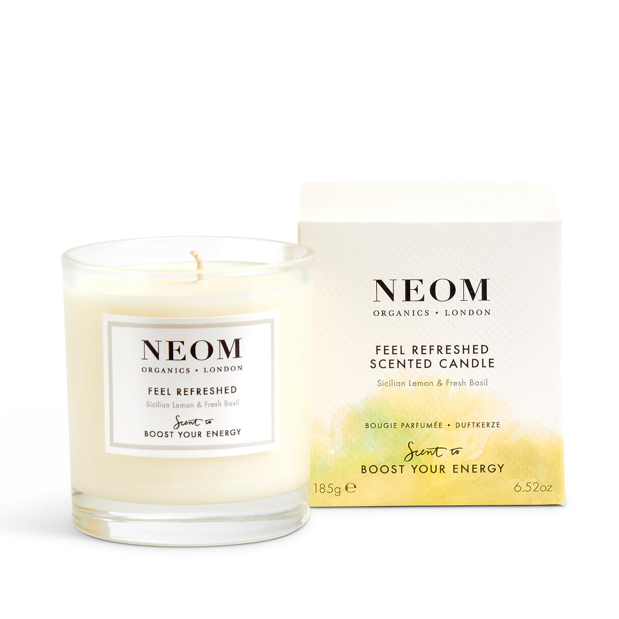 Neom Feel Refreshed candle wax close-up, natural fragrance for energy lift