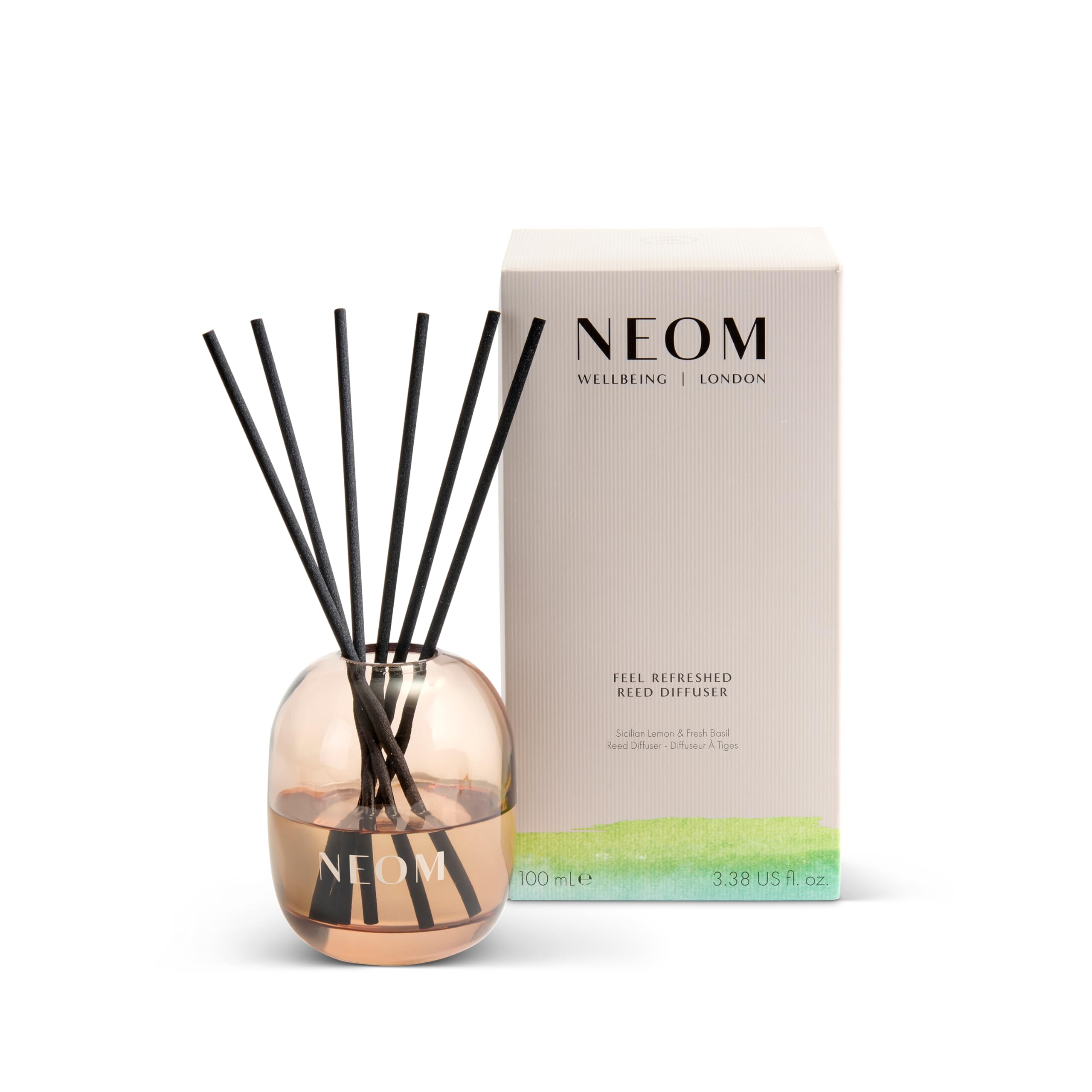 NEOM Feel Refreshed Reed Diffuser 100ml bottle with reeds